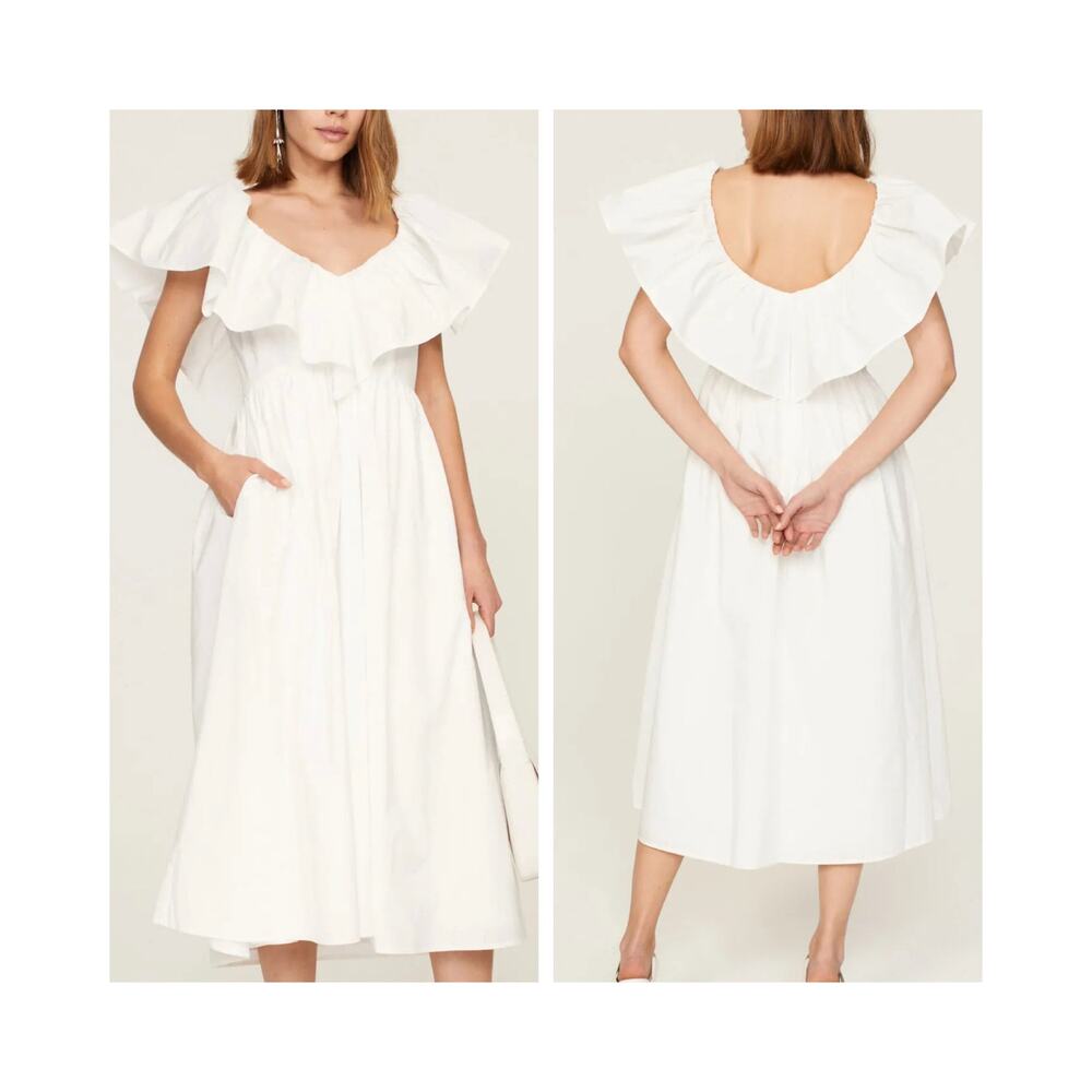 Adam Lippes Midi Dress White 100% Cotton Ruffle Neckline
